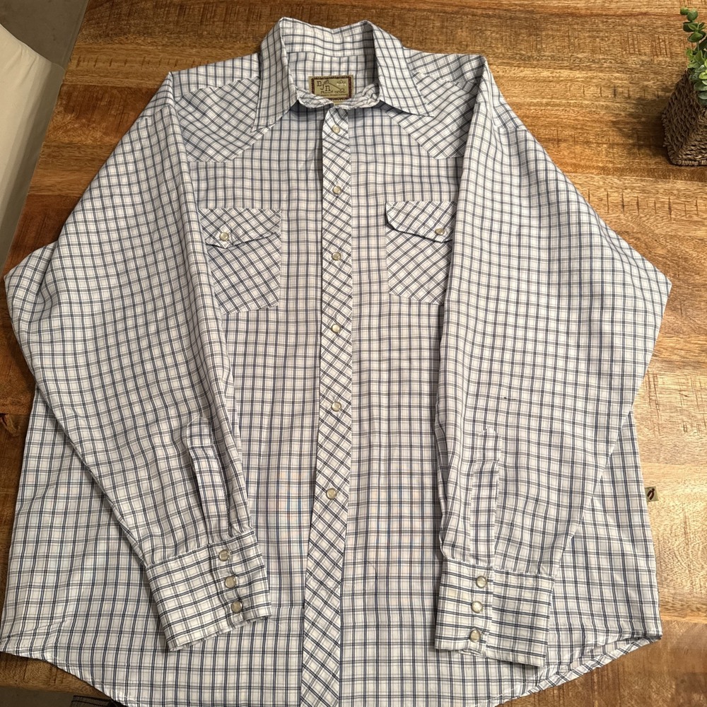 Vintage BJR Ranchwear Western Snap Shirt Mens L Blue Plaid Pearl Snap Cowboy USA